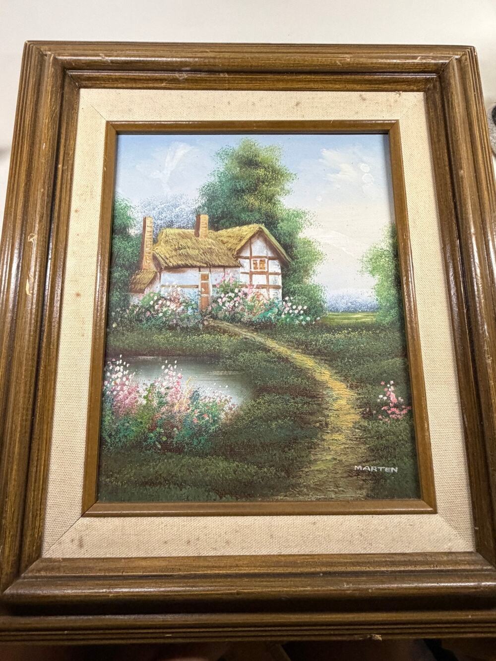 Vintage Thatched-Roof English Cottage Marten Signed Oil Canvas Painting Framed